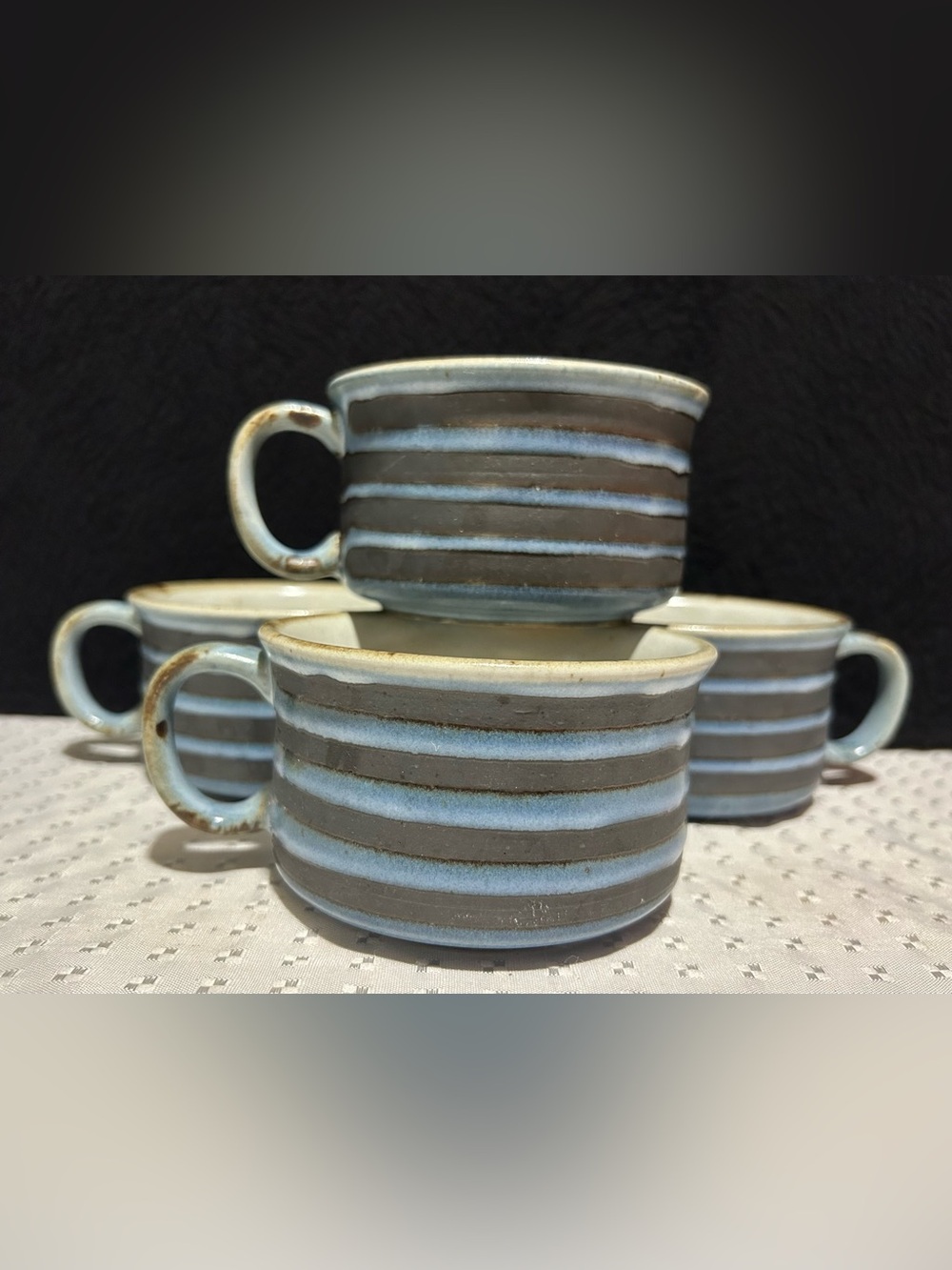 4 Vintage Stoneware Soup Mugs Resembling the Mid-Century Otagiri Horizon Pattern